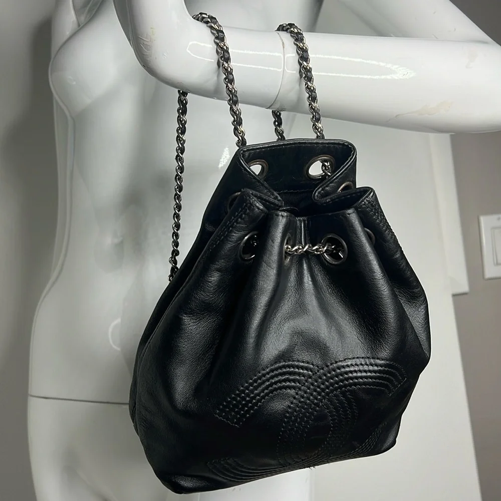 Chanel Black Leather Mini Backpack Bucket Bag Dustbag and Authenticity Card